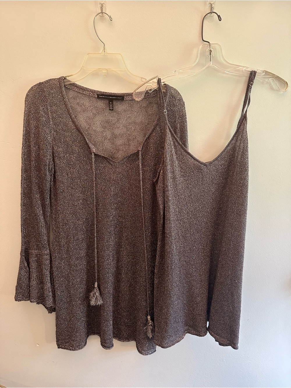 White House Black Market Gray Metallic Knit Camisole & Tie-Front Tunic Set